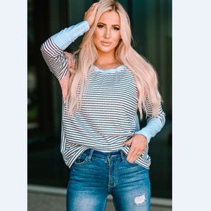 Striped Round Neck Long Raglan Sleeve Tee